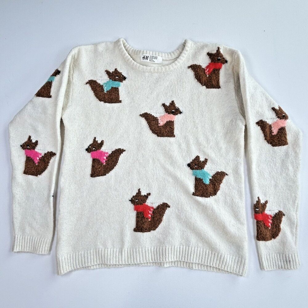 H&M Girls Size 8/10 Cream Fox Wearing Scarves Print Sweater Fuzzy Knit